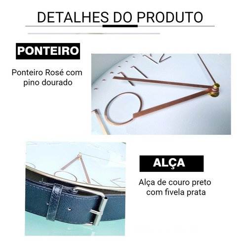 Relógio De Parede Alça De Couro Preto Moldura Prata 30 Cm - 5