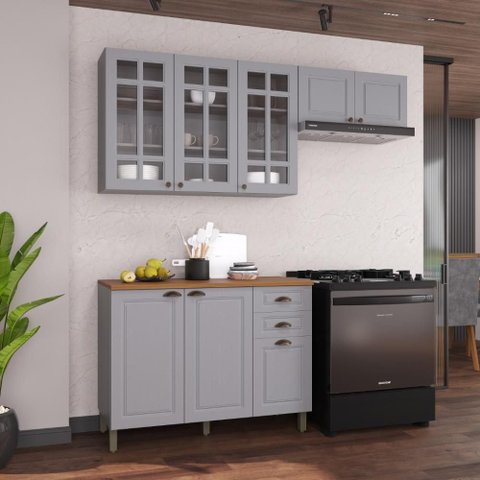 Armário de Cozinha Modulada Compacta Fidelitá Nara 100% MDF 3 Peças 200cm 8 Portas 2 Gavetas com