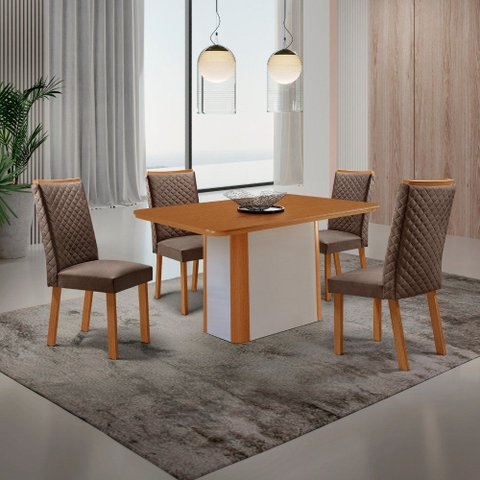 Mesa de Jantar Isadora 120cm Tampo MDF Vidro Canto Copo com 4 Cadeiras Aline