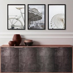 Kit 3 Quadros Minimalistas Fotografias Brancas- Bicicleta Carrossel 45x34cm:madeira Preta - 2