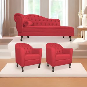 Kit Diva Recamier Diana 185cm Lado Direito e 02 Poltronas Julia Suede Vermelho - ADJ Decor
