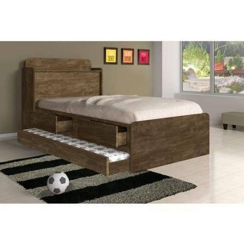 Cama Solteiro Tamires Baú Castanho com Auxiliar