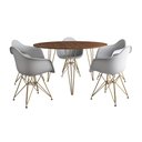 Ver imagem 2 de Mesa Jantar Redonda 110cm Amêndoa Clips 3 Pés com 5 Poltronas Eames Eiffel Brancas Base Dourada