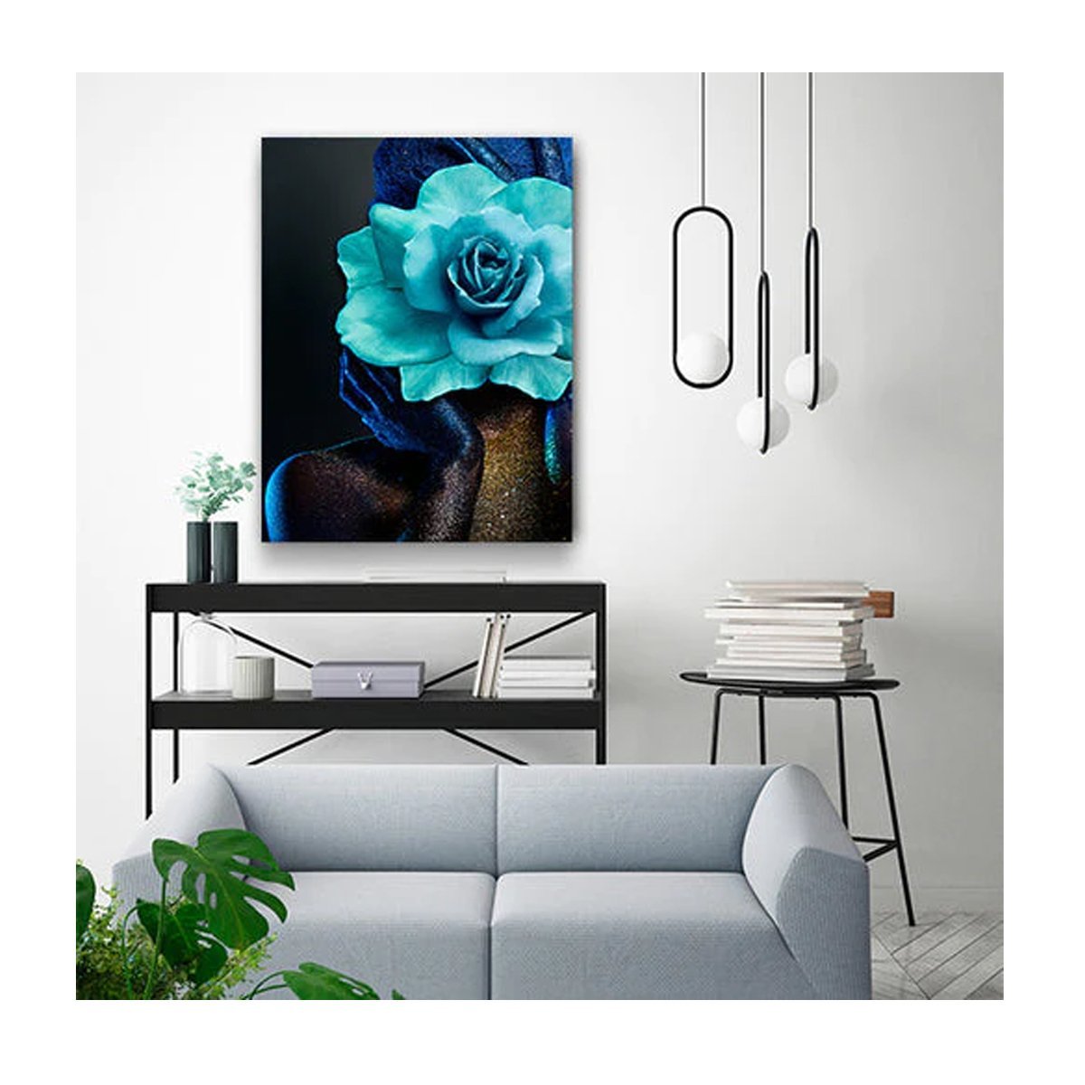 Quadro Arte Conceito Color Paint Woman Blue Rose c/ Moldura Preta e Vidro:90 x 60 cm - 1