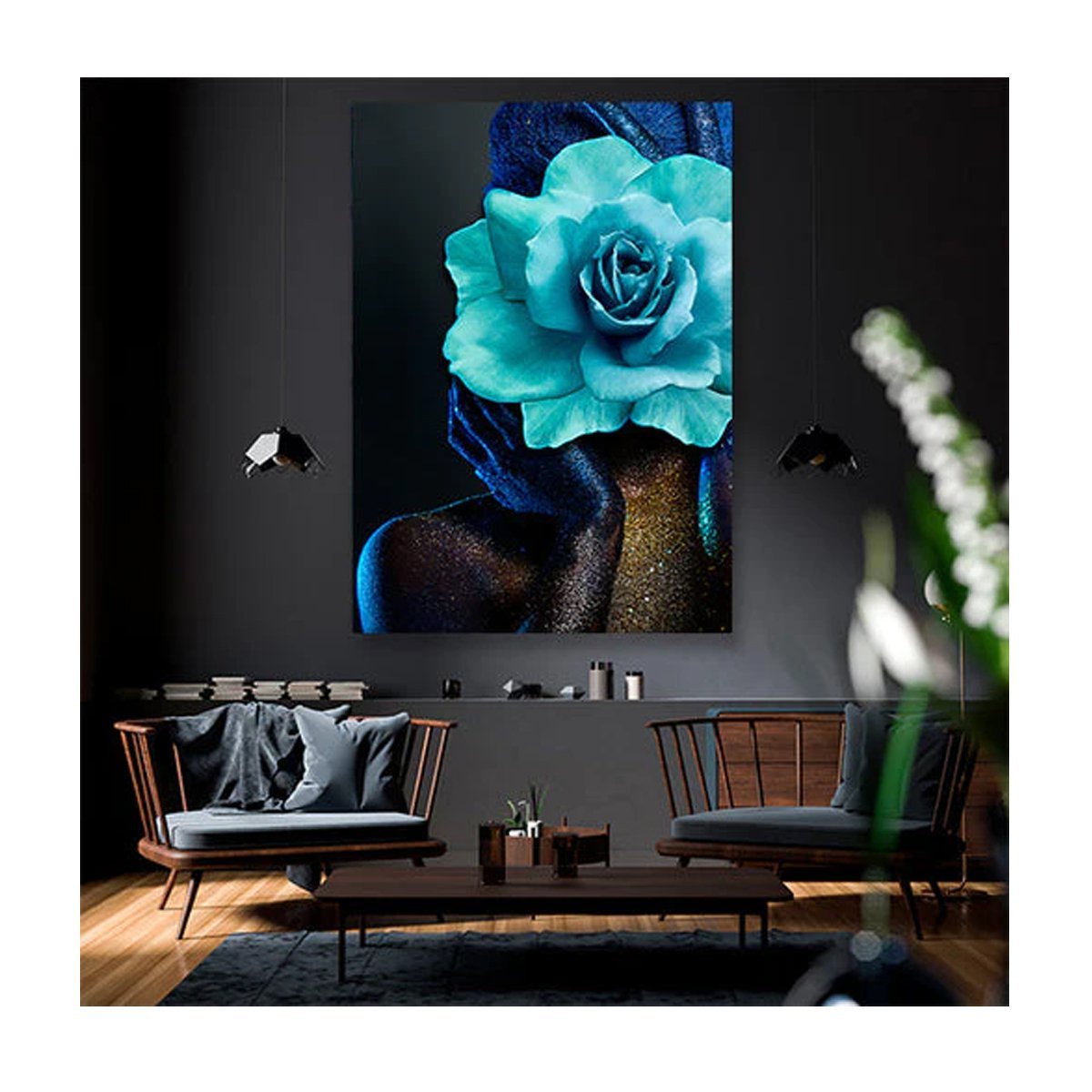 Quadro Arte Conceito Color Paint Woman Blue Rose c/ Moldura Preta e Vidro:90 x 60 cm - 3