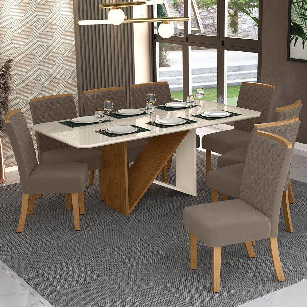 Conjunto Mesa de Jantar Epic Com 8 Cadeiras Vita Nature/Off White/Marrom -  Henn