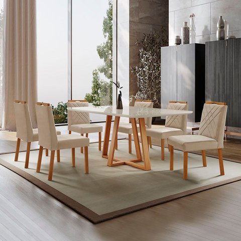 Conjunto Sala de Jantar Mesa Florença Madeira Maciça 180x90cm Tampo Retângular Vidro Off White com 6
