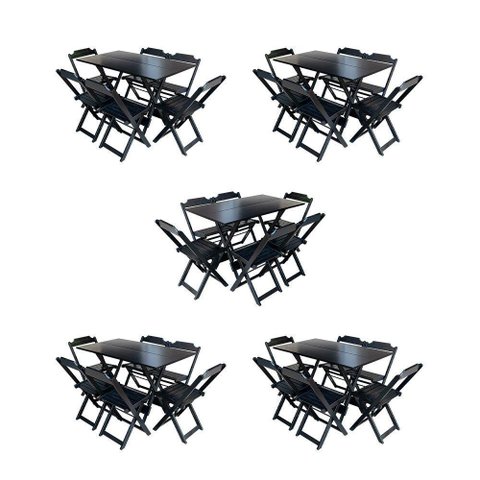Kit 5 Jogos De Mesa Dobravel Com 6 Cadeiras De Madeira 120X70 Para Restaurante E Bar - Preto