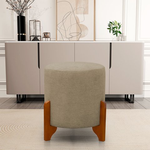 Puff Redondo Linho com Pés em Madeira Maciça Decorativo Sala Quarto - Linho Bege