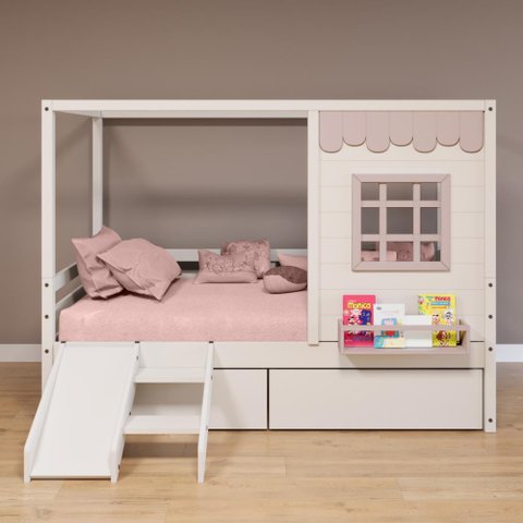 Cama Casinha Reta com 02 Gavetas e Escorregador Madeira Maciça Branco/ Rosa Housin
