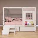 Ver imagem 1 de Cama Casinha Reta com 02 Gavetas e Escorregador Madeira Maciça Branco/ Rosa Housin