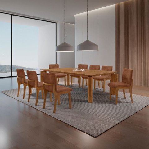 Sala de Jantar Mesa Nala 220cm Tampo Laminado Canto Moeda com 8 Cadeiras Bella Mobillare