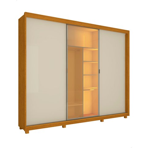 Guarda Roupa 3 Portas 1 Reflecta Correr com Pés e Led Matt Cor:off White/madeira