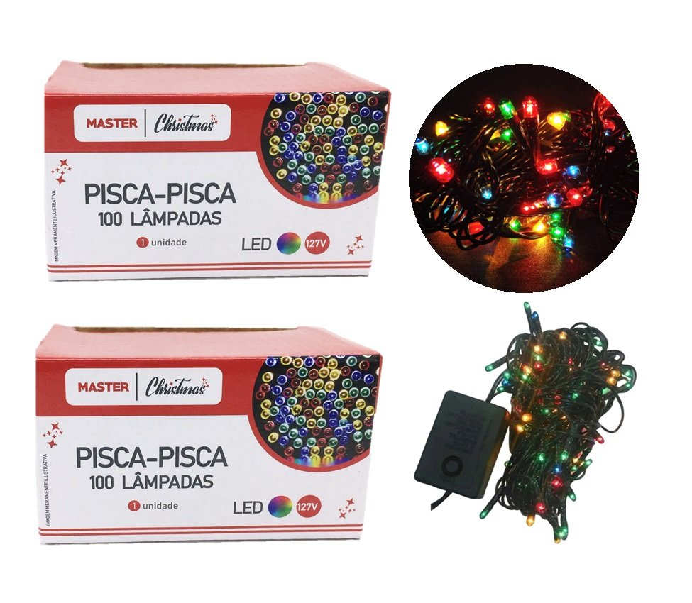 Kit 2 Pisca Pisca 100 Lâmpadas LED Colorido 8 Funções 127V Total 200 Lâmpadas - Master Christmas - 1