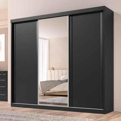 Guarda Roupa Casal Sevilha 3 Pts Correr 6 Gav C/ Porta Espelho Inteiro Moldura Alumínio