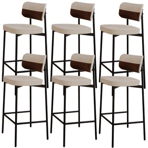 Kit 06 Banquetas Alta Bar Cozinha Sala de Jantar Aço Preto Kaira C01 Linho Areia Courino Whisky -