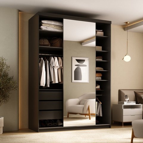 Guarda-Roupa Closet Solteiro 100% MDF 139cm com 1 Porta Espelho 3 Gavetas Sion Preto