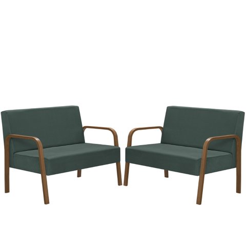 Kit Poltrona Decorativa 2 Namoradeiras de 2 Lugares Jade Braço Madeira D Salla Suede Verde