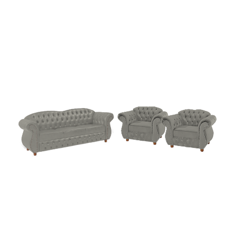 Um Sofá 3 Lugares + Duas Poltronas Chesterfield Merlo- Suede Cinza Camurça / decoração, sala, rec