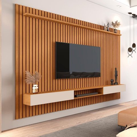 Painel para TV com Nicho Conjunto para Sala 60 Polegadas 230,5cm MDP Nature Off White Germai Móveis