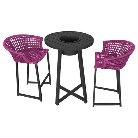 Conjunto Bistrô Champanheira Tampo Ripado e 2 Banquetas Reis Corda Náutica Rosa