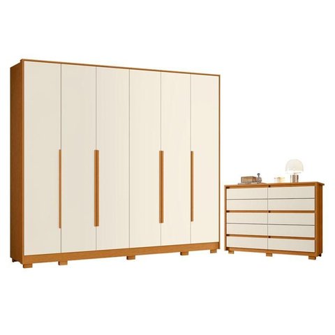 Guarda Roupa Casal Mercure 6 Portas e Cômoda Duetto 10 Gavetas Cinamomo Off White - Móveis