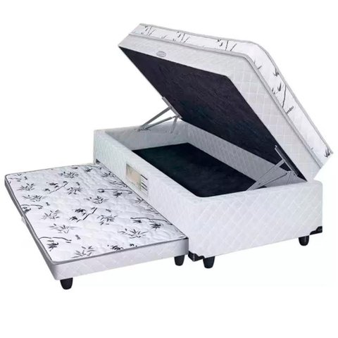 Cama Box Baú Solteiro Conjugado de Molas com Cama Auxiliar Bicama 3 em 1 - Matalassê Branco