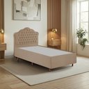 Ver imagem 1 de Kit Cama Box Solteiro + Cabeceira Estofada em Madeira Maciça Curva Provençal com Capitonê Bege/Dourado