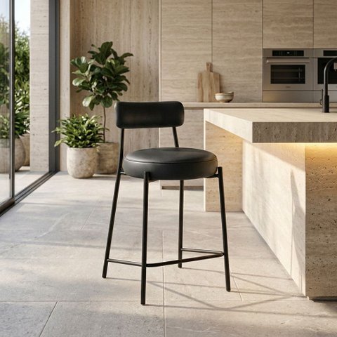 Banqueta Cozinha Média com Encosto Industrial Preto Londres PU Preto D03 - D'Rossi