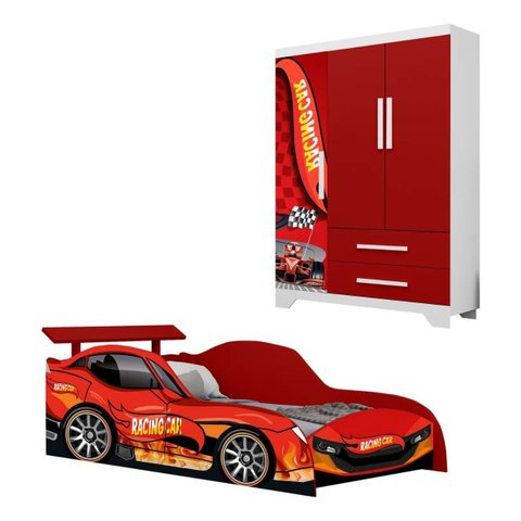 Jogo de Quarto Meninos Carro Cama Roupeiro Colchão Incluso:vermelho