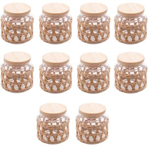 Kit 10 Potes Herméticos de Vidro 520ml Sisal Tampa Madeira P