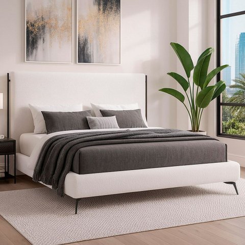 Cama Japonesa com Cabeceira Almeria Corea Casal Bouclé Off White - Sallar Home