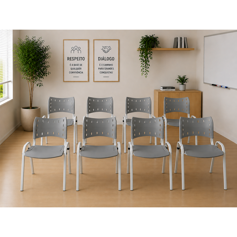 Kit com 8 Cadeiras Iso para Escola Escritório Comércio Cinza Base Branca Ecomhome