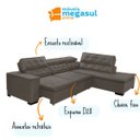 Ver imagem 3 de Sofá Canto Retrátil 5 Lugares Reclinável Chaise e 2,80 X 2,20 M Sttilo Bege - Megasul