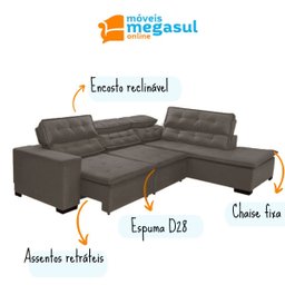 Sofá Canto Retrátil 5 Lugares Reclinável Chaise e 2,80 X 2,20 M Sttilo Bege - Megasul - 3