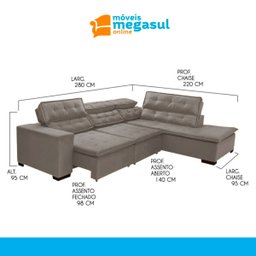 Sofá Canto Retrátil 5 Lugares Reclinável Chaise e 2,80 X 2,20 M Sttilo Bege - Megasul - 4