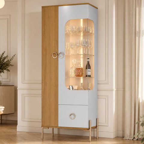 Cristaleira para Sala de Jantar 2 Portas 1 Gaveta Industrial com LED Polsen B02 Off White Naturalle