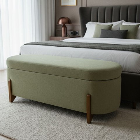 Banco Baú Organizador Estofado Orgânico Milão Peseira 1,40 Bouclê Verde Oliva - Montanari'S Decor