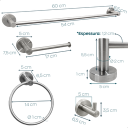 Jogo Acessorios Aço Inox Escovado Kit Banheiro 4 Peças Papeleira Cabide Gancho Suporte Porta Toalha - 5