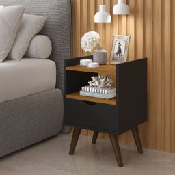 Mesa de Cabeceira 1 Gaveta e 1 Nicho Pés Retrô - Preto/freijó - 1