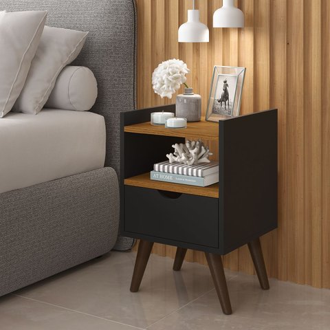 Mesa de Cabeceira 1 Gaveta e 1 Nicho Pés Retrô - Preto/freijó