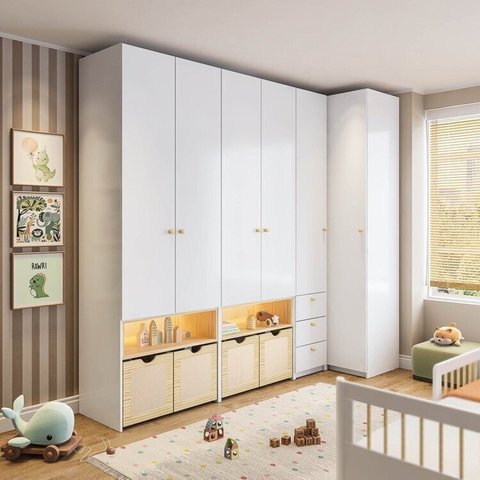 Guarda-Roupa Modulado Infantil com LED 4 Peças 6 Portas Wave Casatema MadeiraOriginals Branco/Marrom
