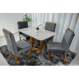 Mesa de Jantar Lisy Tampo Mdf e Vidro Off 120x80 com 4 Cadeiras de Madeira Maciça Safira Veludo Cinz - 2