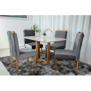 Mesa de Jantar Lisy Tampo Mdf e Vidro Off 120x80 com 4 Cadeiras de Madeira Maciça Safira Veludo Cinz