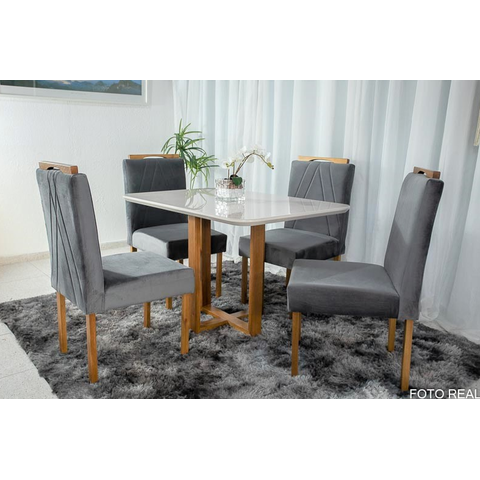 Mesa de Jantar Lisy Tampo Mdf e Vidro Off 120x80 com 4 Cadeiras de Madeira Maciça Safira Veludo Cinz