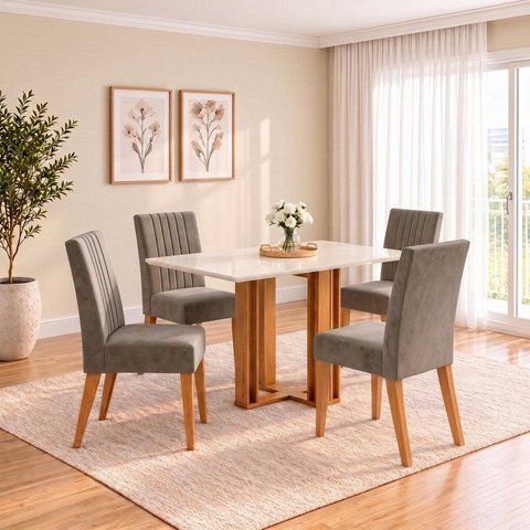 Conjunto Sala de Jantar Mesa Manu 120cm Tampo MDF Canto Reto 4 Cadeiras Lily