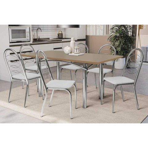 Conjunto: Mesa Sala Jantar Elba Tampo Madeirado C/ Vidro 160cm e 6 Cadeiras Holanda Cromada/freijo