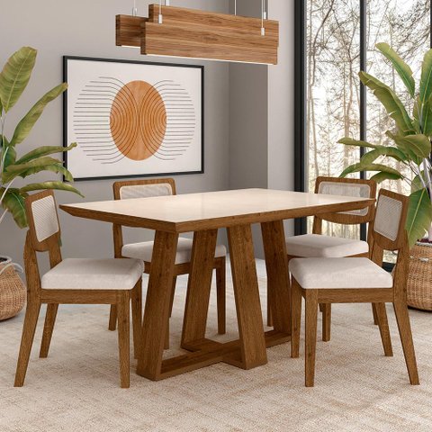 Conjunto Mesa Lins 4 Cadeiras Sextavada Freijó/off/bouclé Off - M.a Freijó/off Premium/bouclé