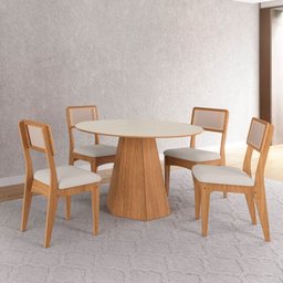 Conjunto Sala de Jantar Mesa Lisboa Hexagonal Off White/freijó com 4 Cadeiras Palha Sintética 100% M - 1