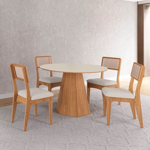 Conjunto Sala de Jantar Mesa Lisboa Hexagonal Off White/freijó com 4 Cadeiras Palha Sintética 100% M